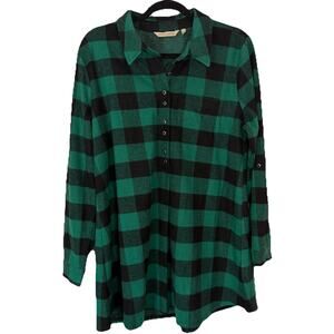Soft Surroundings Mad About Plaid Green Buffalo Check Comfy Roll-Tab Tunic Large